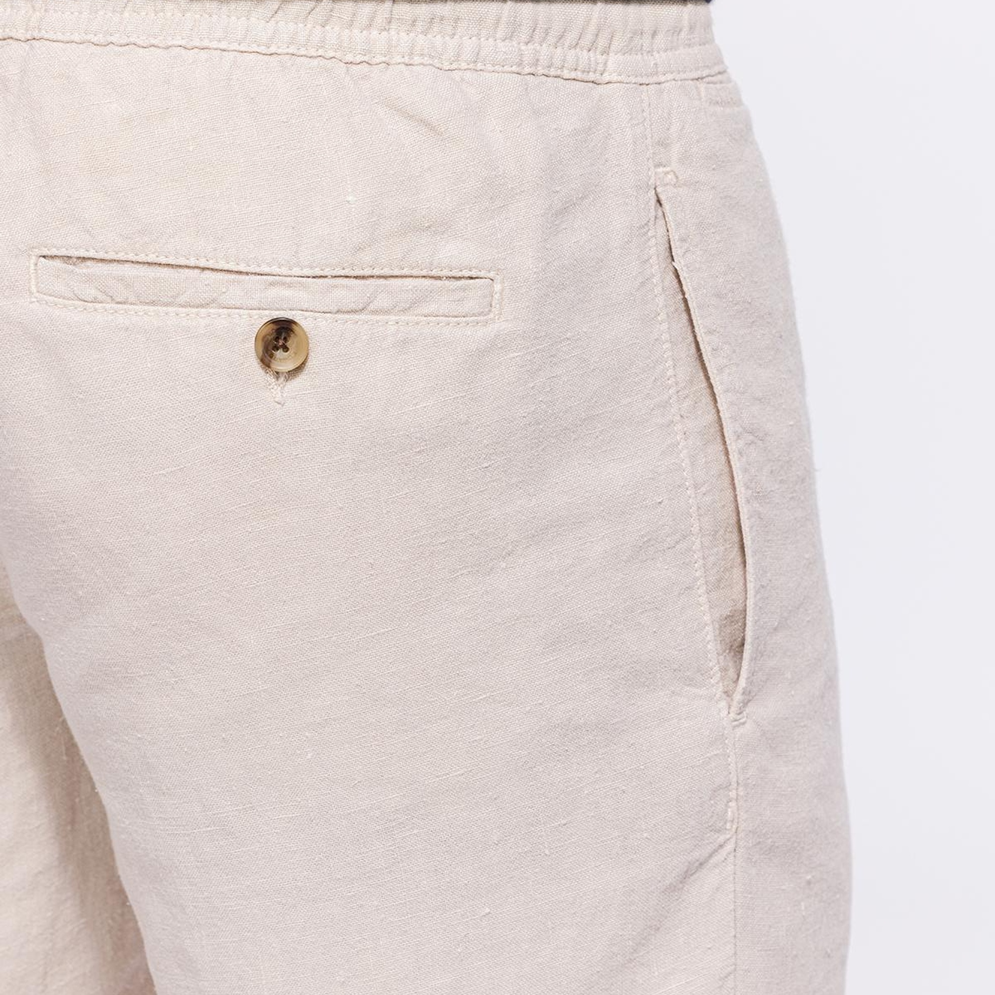 Erkek Bej Beli Lastikli Bağcıklı Keten Şort