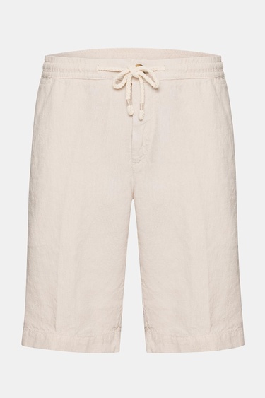  Erkek Bej Beli Lastikli Bağcıklı Keten Şort