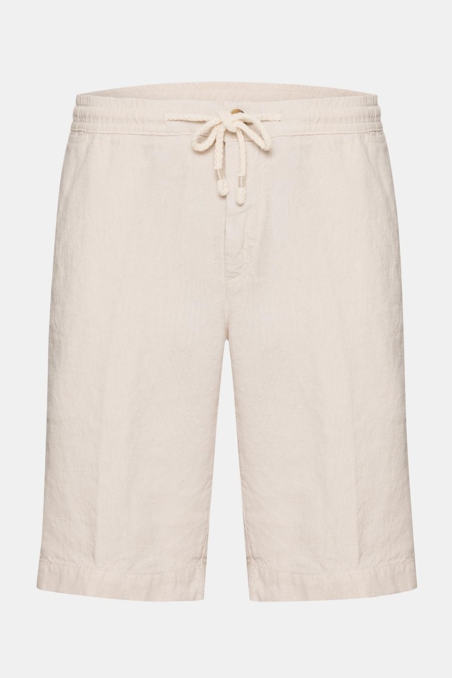  Erkek Bej Beli Lastikli Bağcıklı Keten Şort