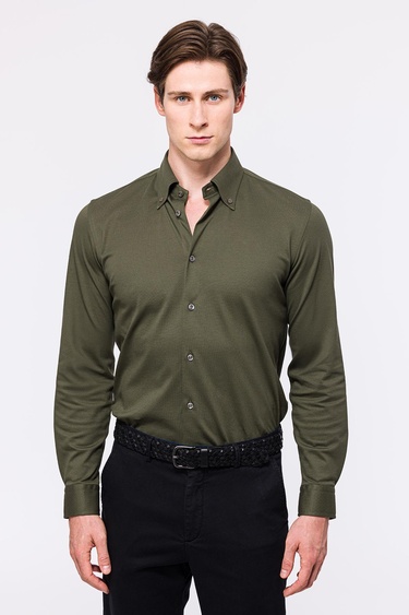  Erkek Yeşil Cooper Fit Düğmeli Yaka Pike Gömlek