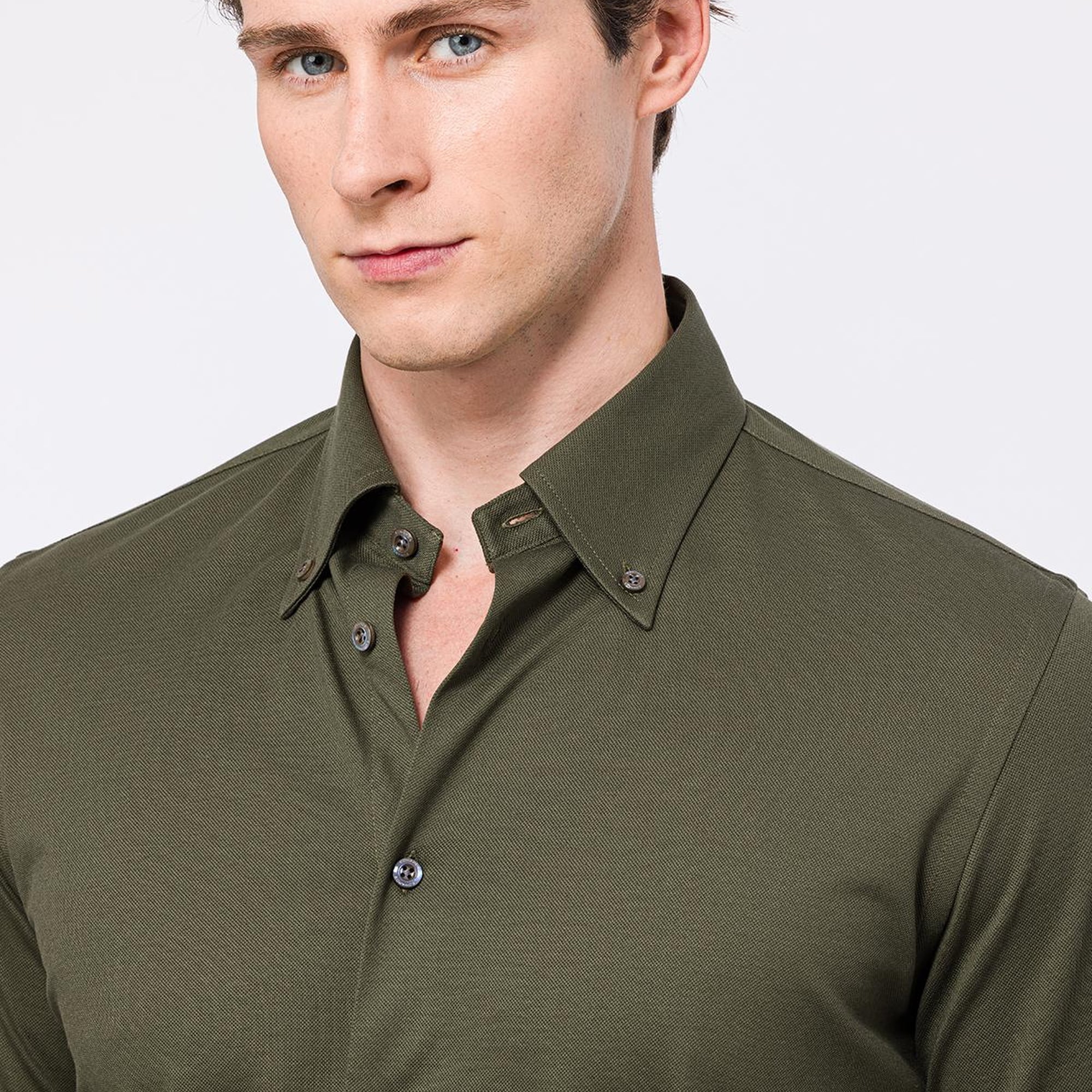 Erkek Yeşil Cooper Fit Düğmeli Yaka Pike Gömlek