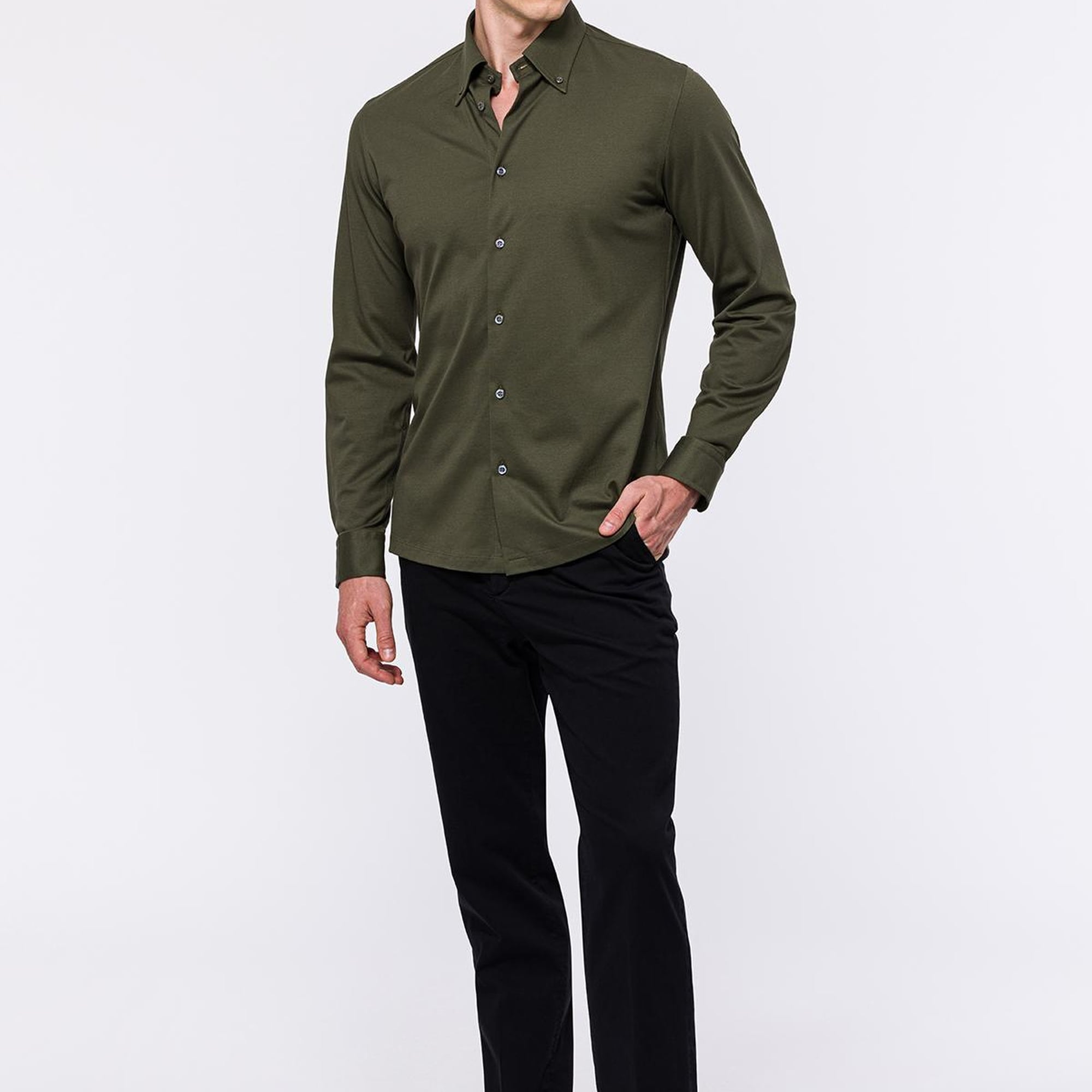 Erkek Yeşil Cooper Fit Düğmeli Yaka Pike Gömlek