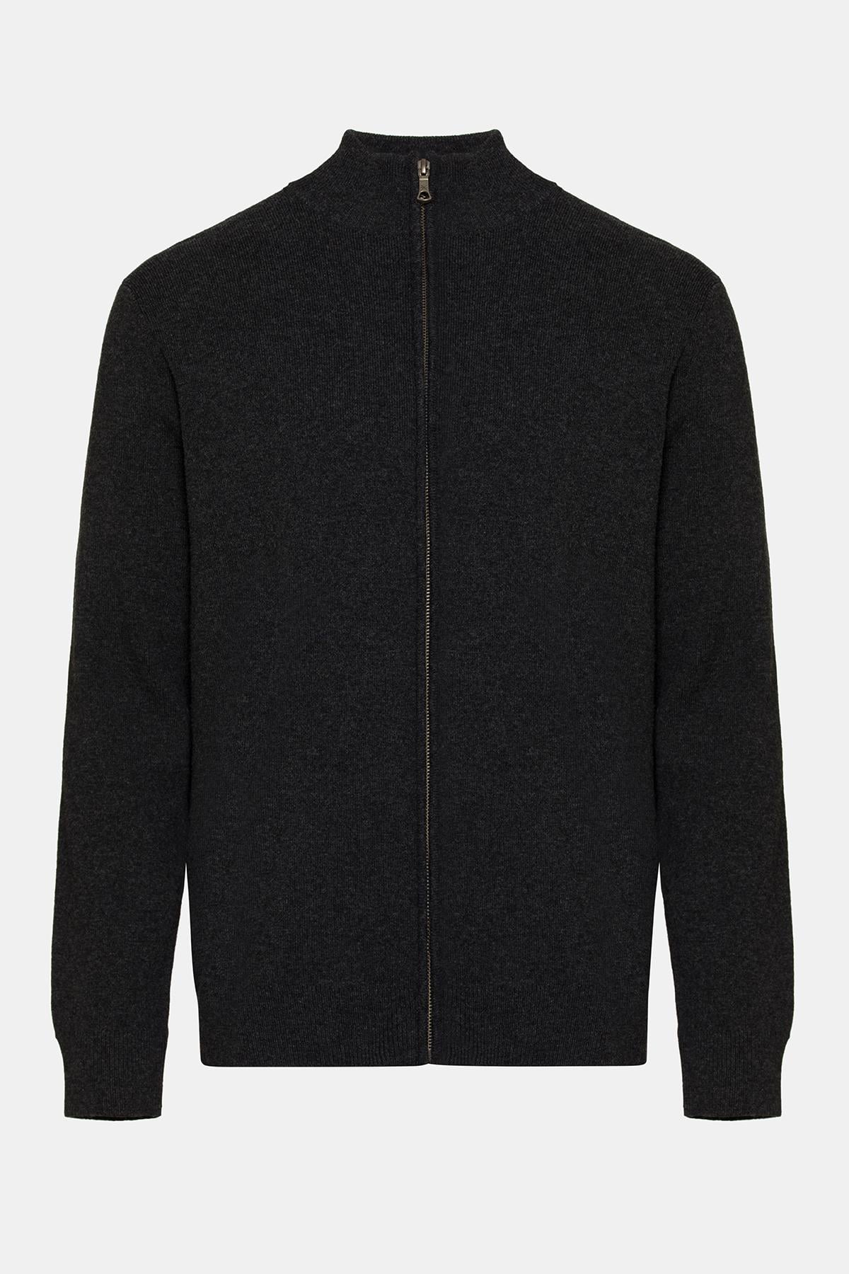  Erkek Antrasit Yün Kaşmir Karışımlı Fermuarlı Hırka