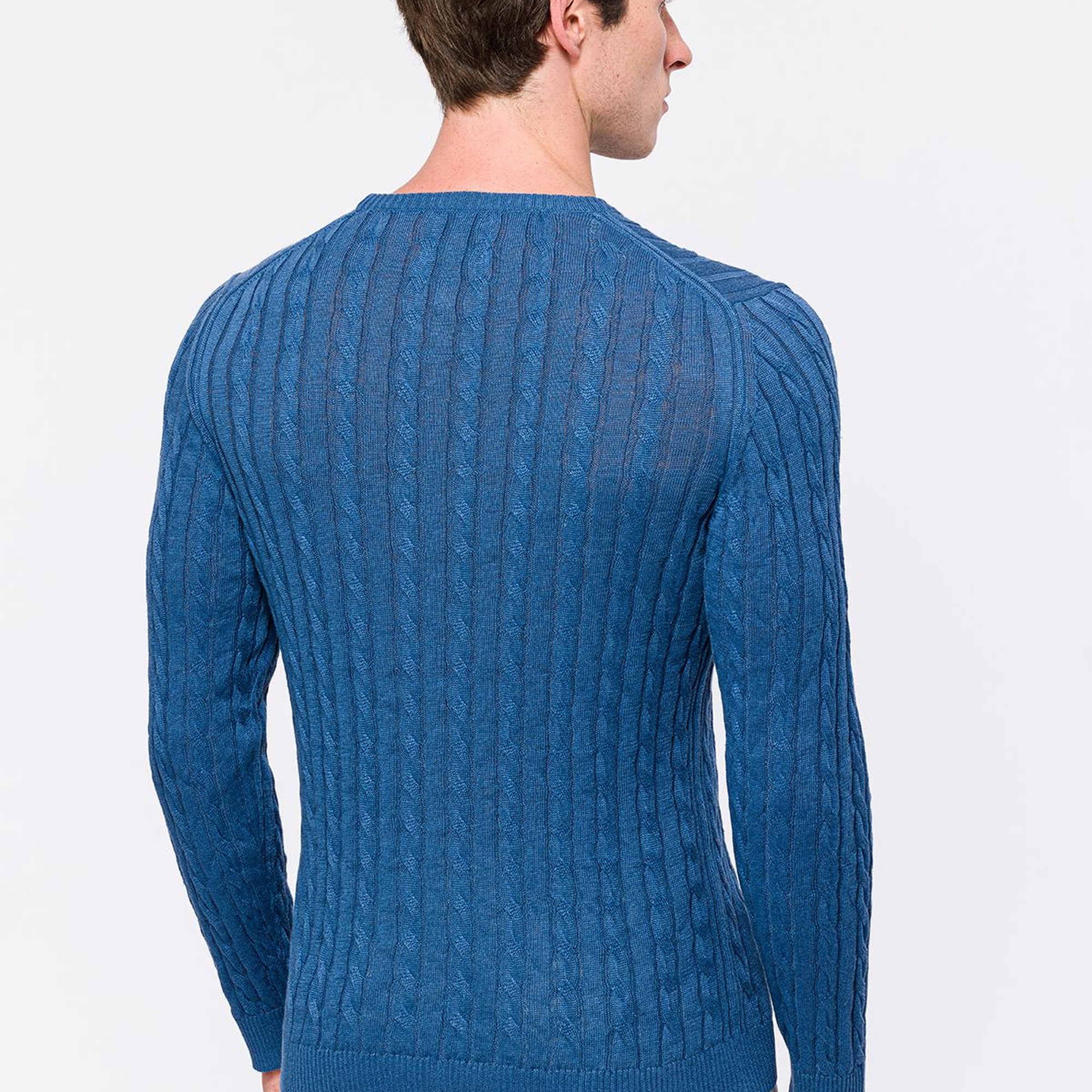 Erkek Koyu Mavi Saç Örgülü Bisiklet Yaka Keten Kazak