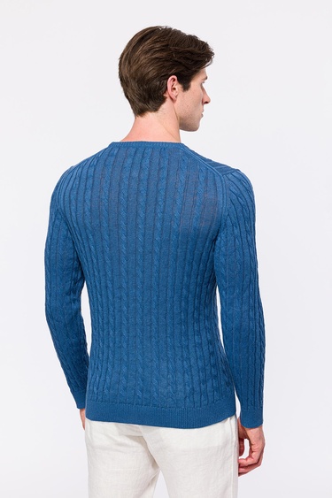  Erkek Koyu Mavi Saç Örgülü Bisiklet Yaka Keten Kazak