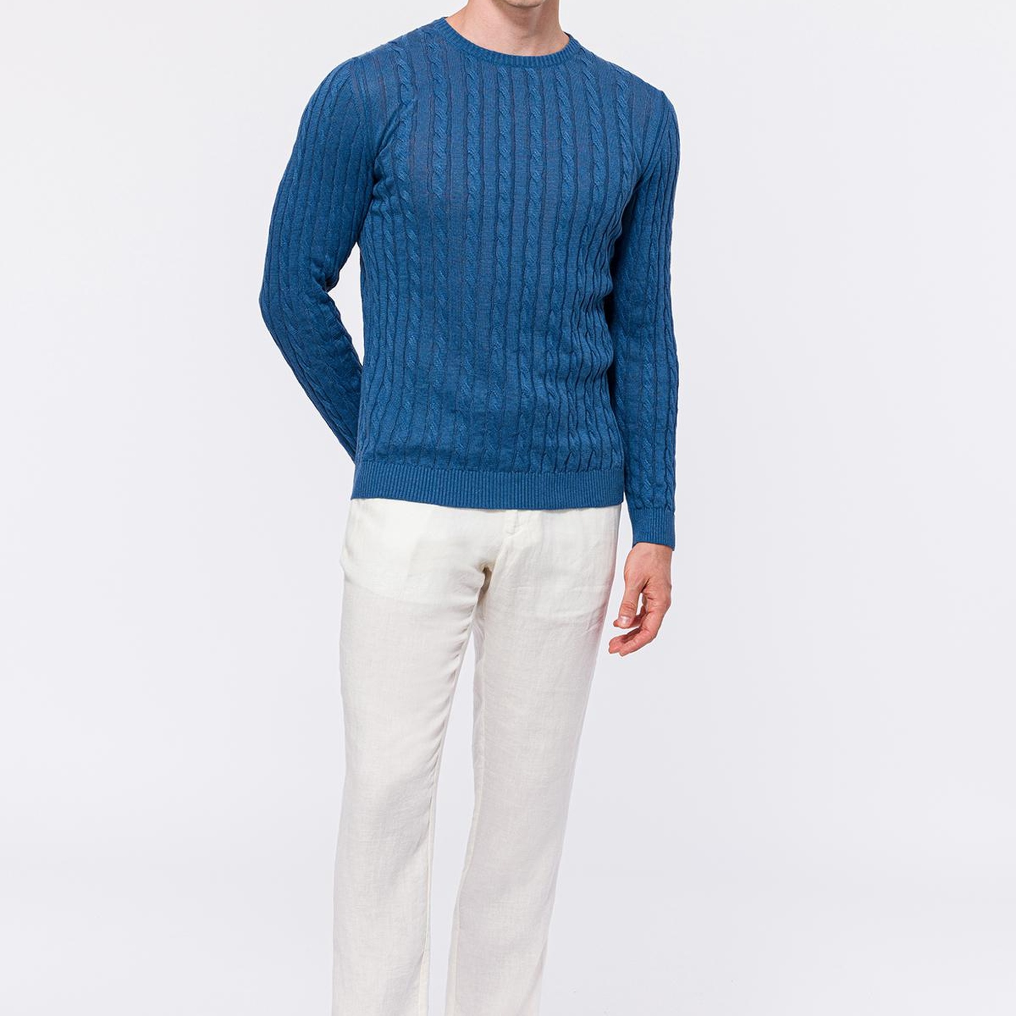 Erkek Koyu Mavi Saç Örgülü Bisiklet Yaka Keten Kazak