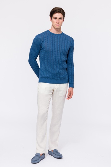  Erkek Koyu Mavi Saç Örgülü Bisiklet Yaka Keten Kazak