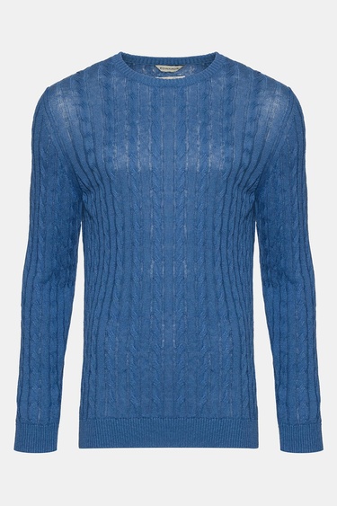  Erkek Koyu Mavi Saç Örgülü Bisiklet Yaka Keten Kazak