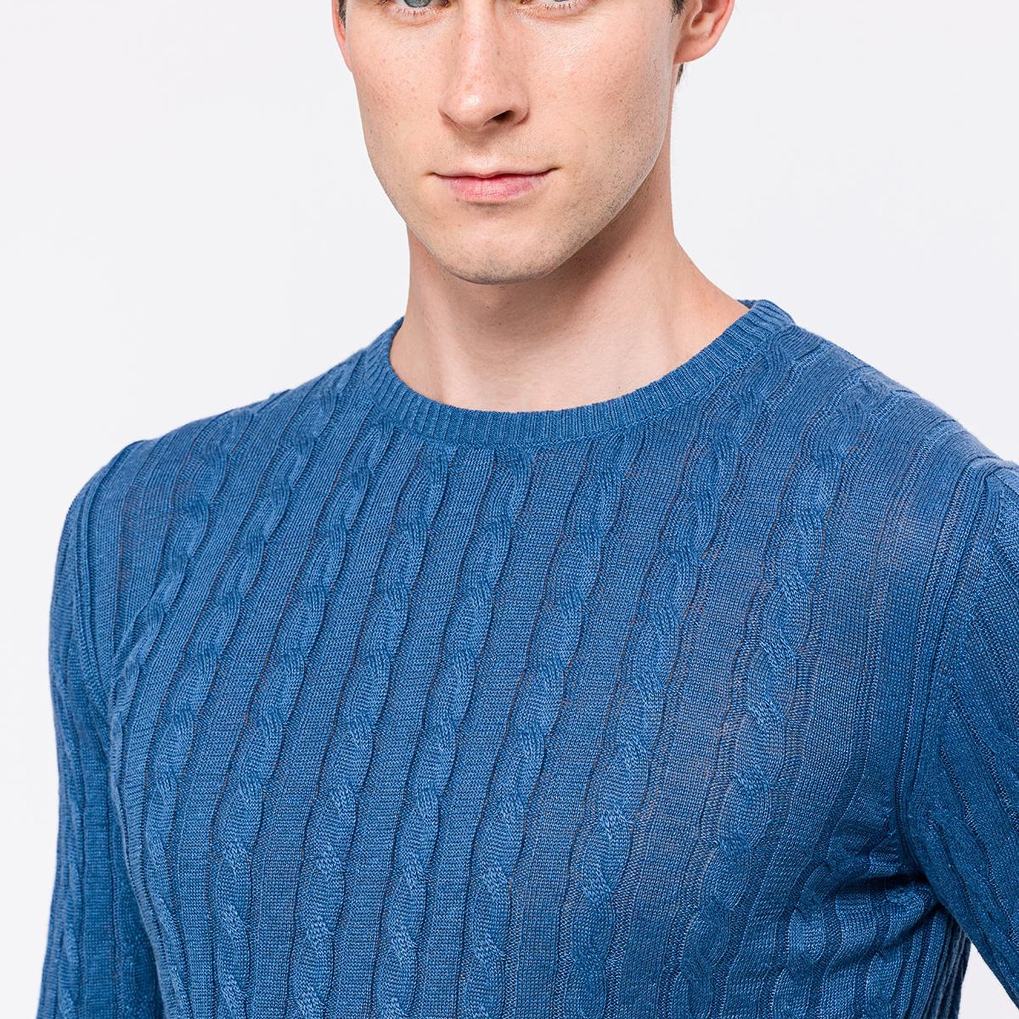 Erkek Koyu Mavi Saç Örgülü Bisiklet Yaka Keten Kazak