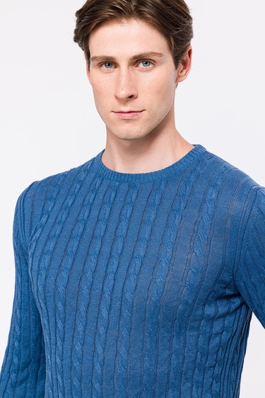  Erkek Koyu Mavi Saç Örgülü Bisiklet Yaka Keten Kazak