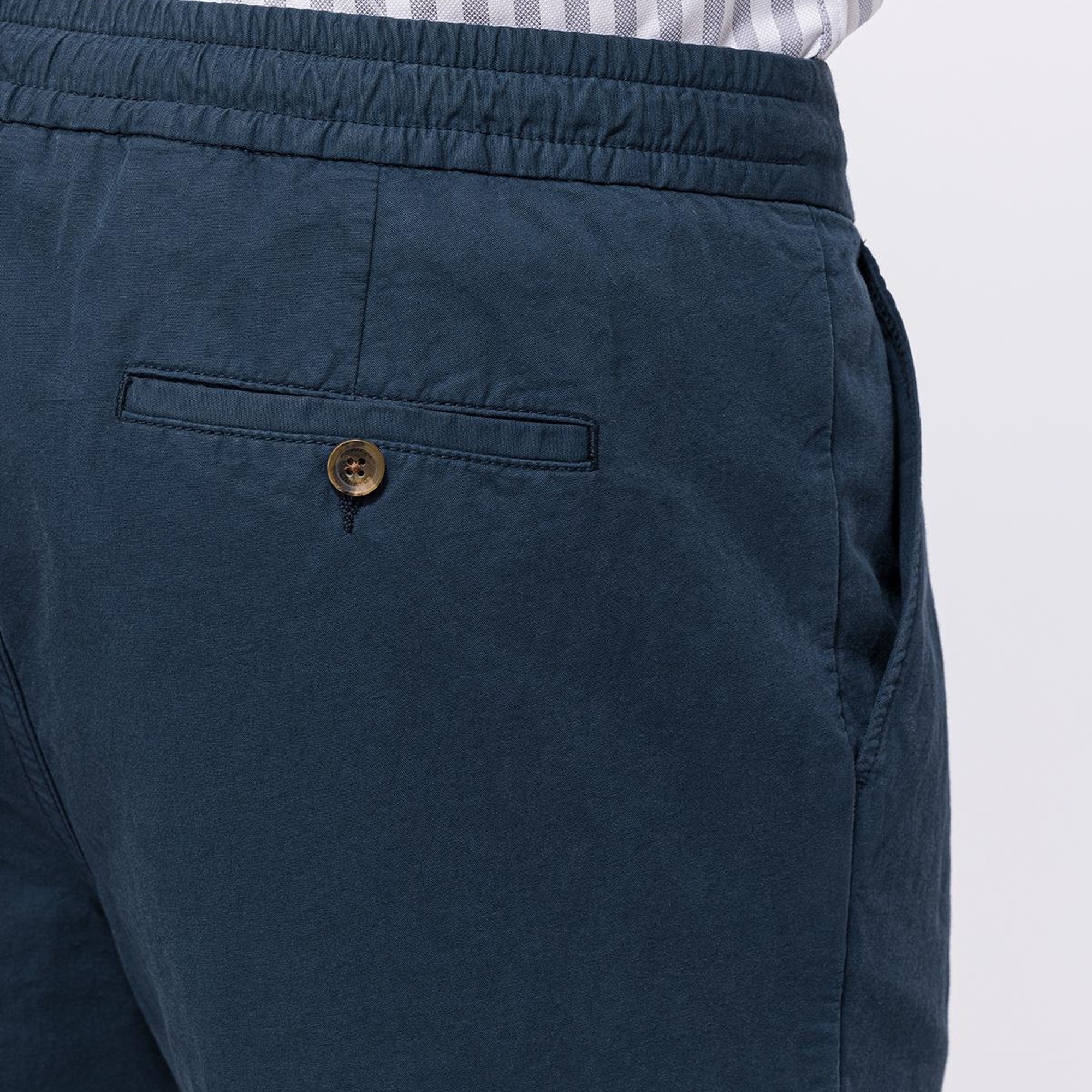 Erkek Lacivert Beli Lastikli Bağcıklı Keten Pantolon