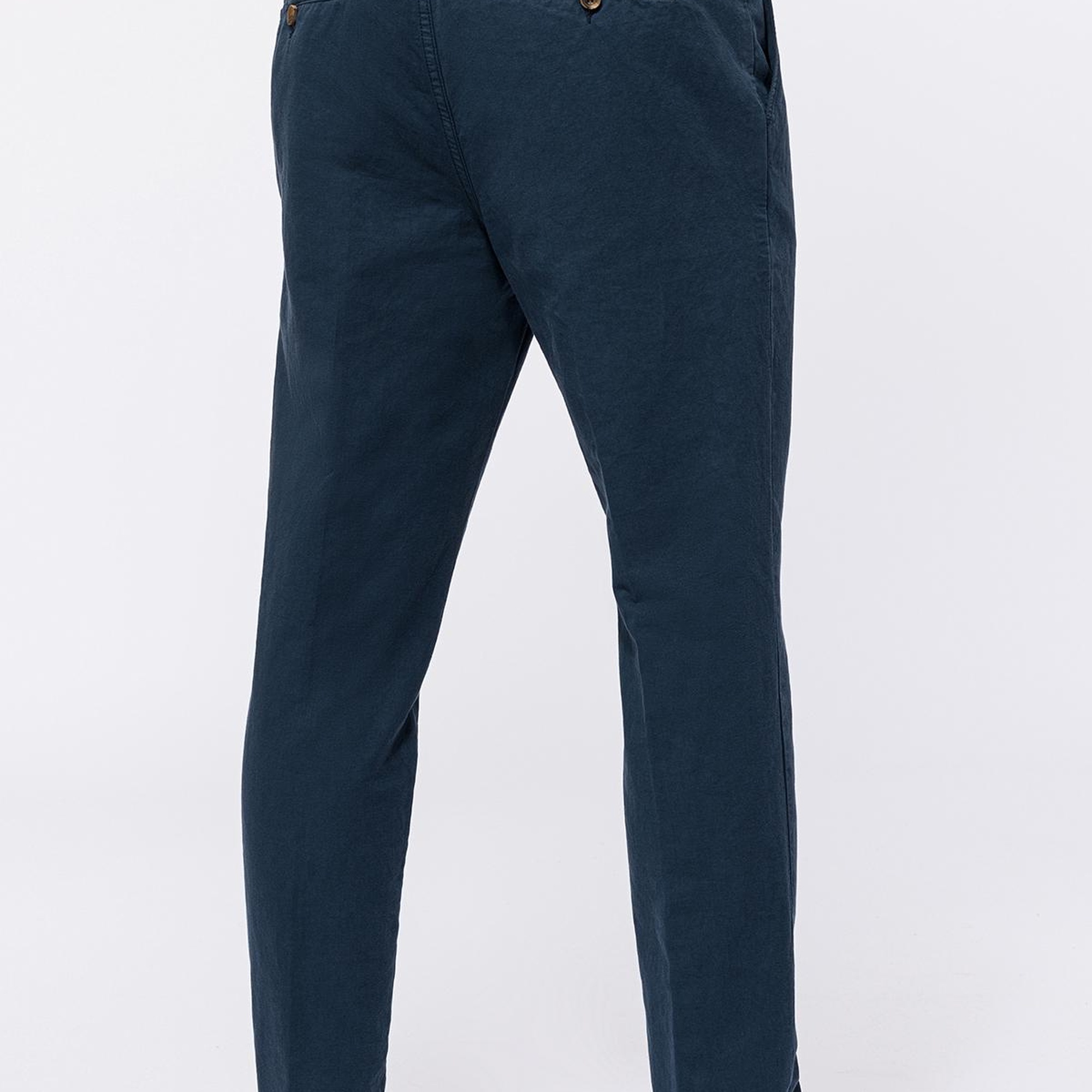 Erkek Lacivert Beli Lastikli Bağcıklı Keten Pantolon