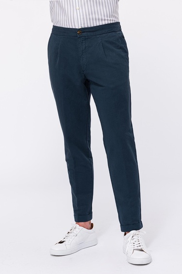  Erkek Lacivert Beli Lastikli Bağcıklı Keten Pantolon