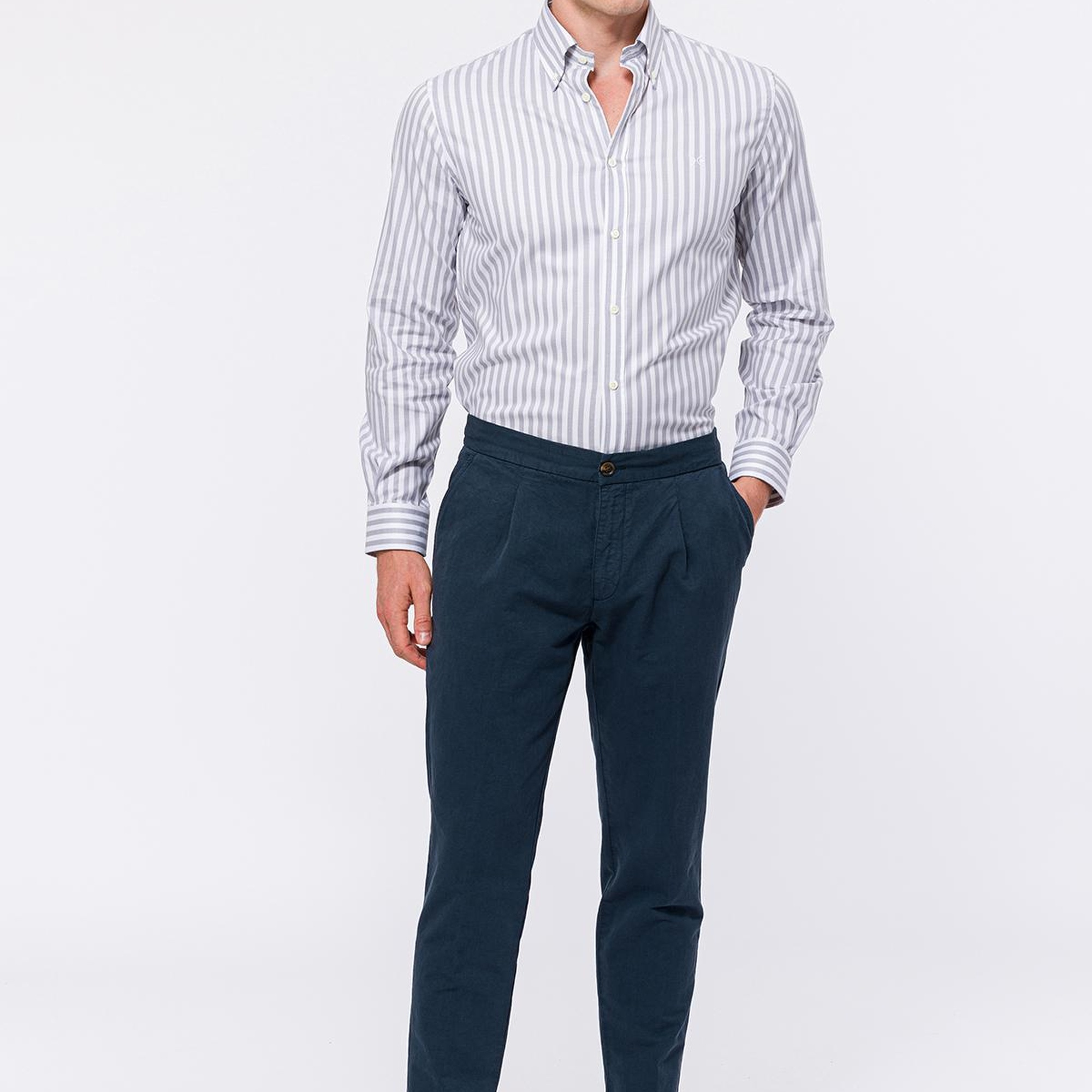 Erkek Lacivert Beli Lastikli Bağcıklı Keten Pantolon