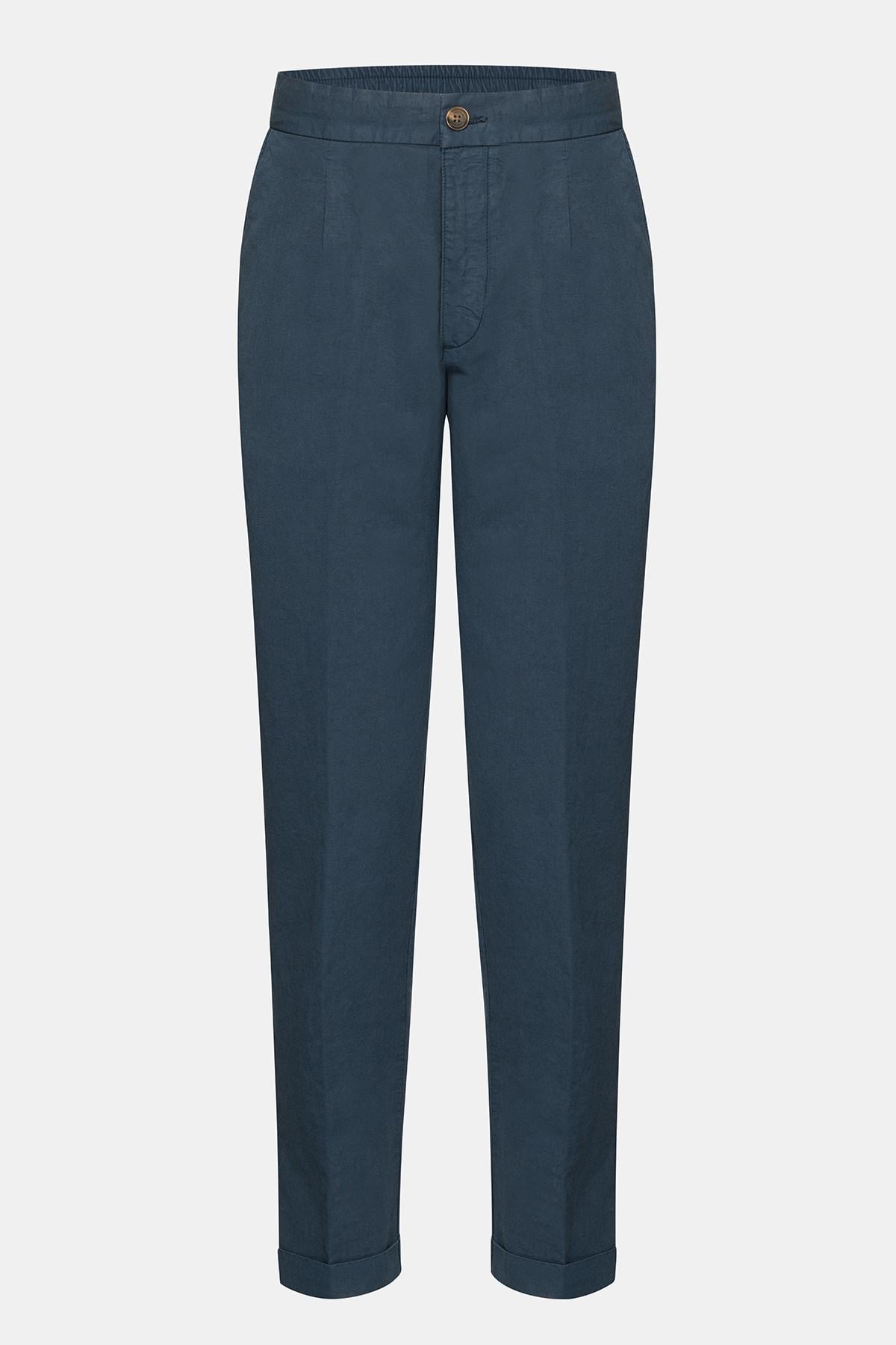  Erkek Lacivert Beli Lastikli Bağcıklı Keten Pantolon