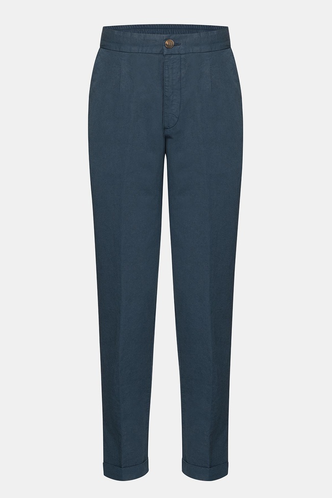  Erkek Lacivert Beli Lastikli Bağcıklı Keten Pantolon