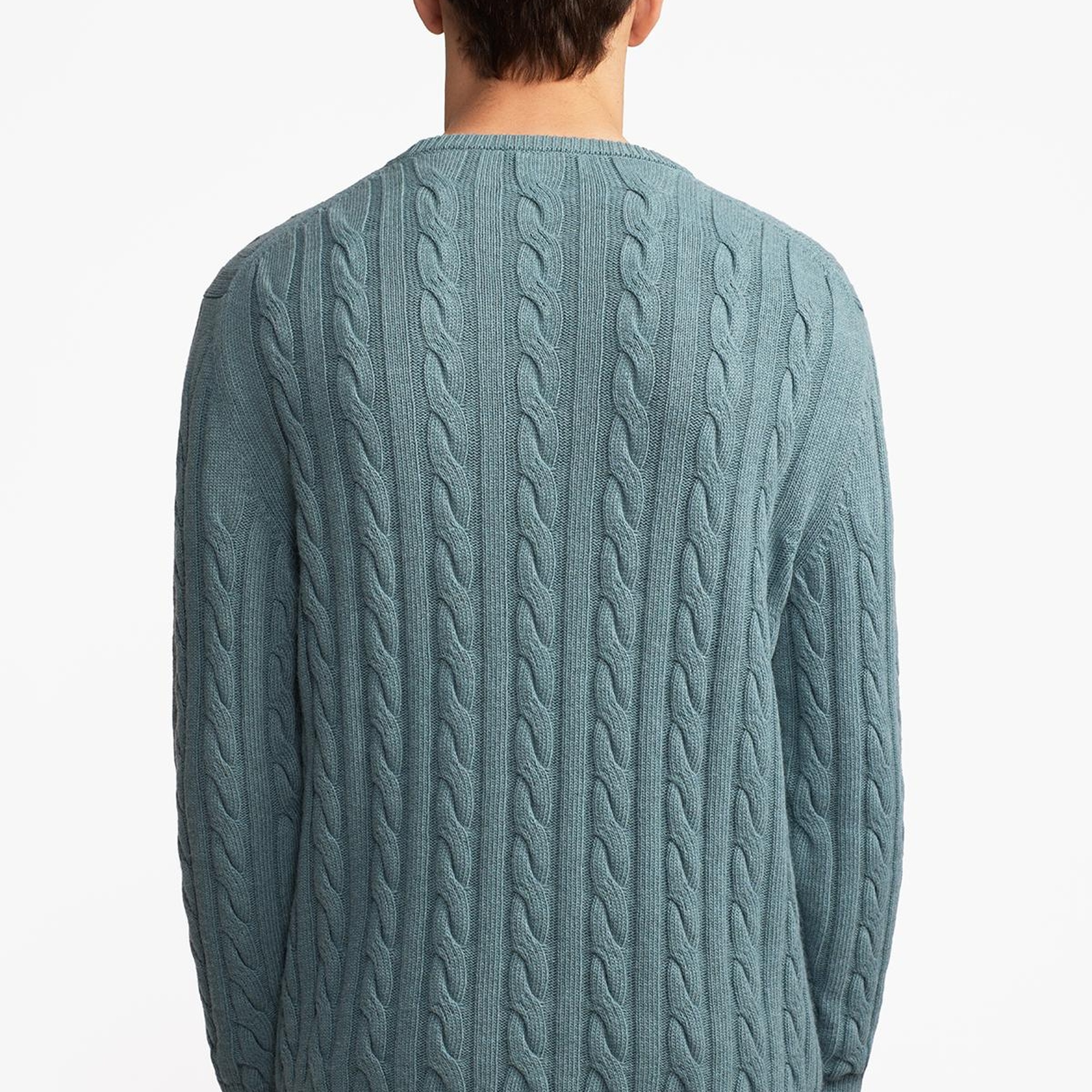 Erkek Turkuaz Yün Kaşmir Karışımlı Saç Örgülü Kazak