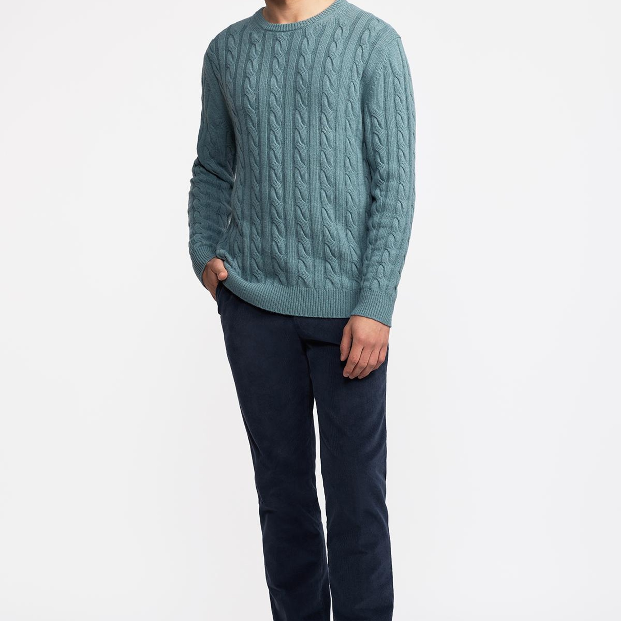 Erkek Turkuaz Yün Kaşmir Karışımlı Saç Örgülü Kazak