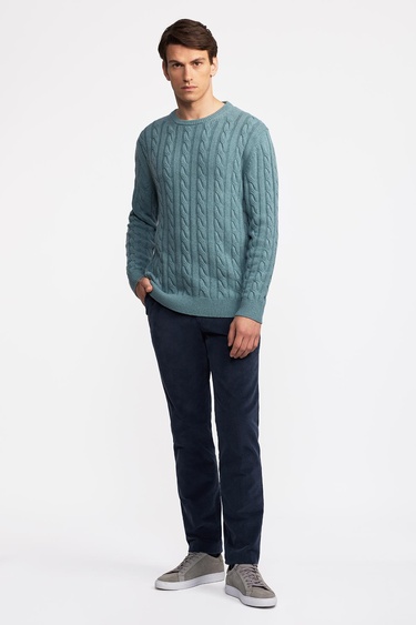  Erkek Turkuaz Yün Kaşmir Karışımlı Saç Örgülü Kazak