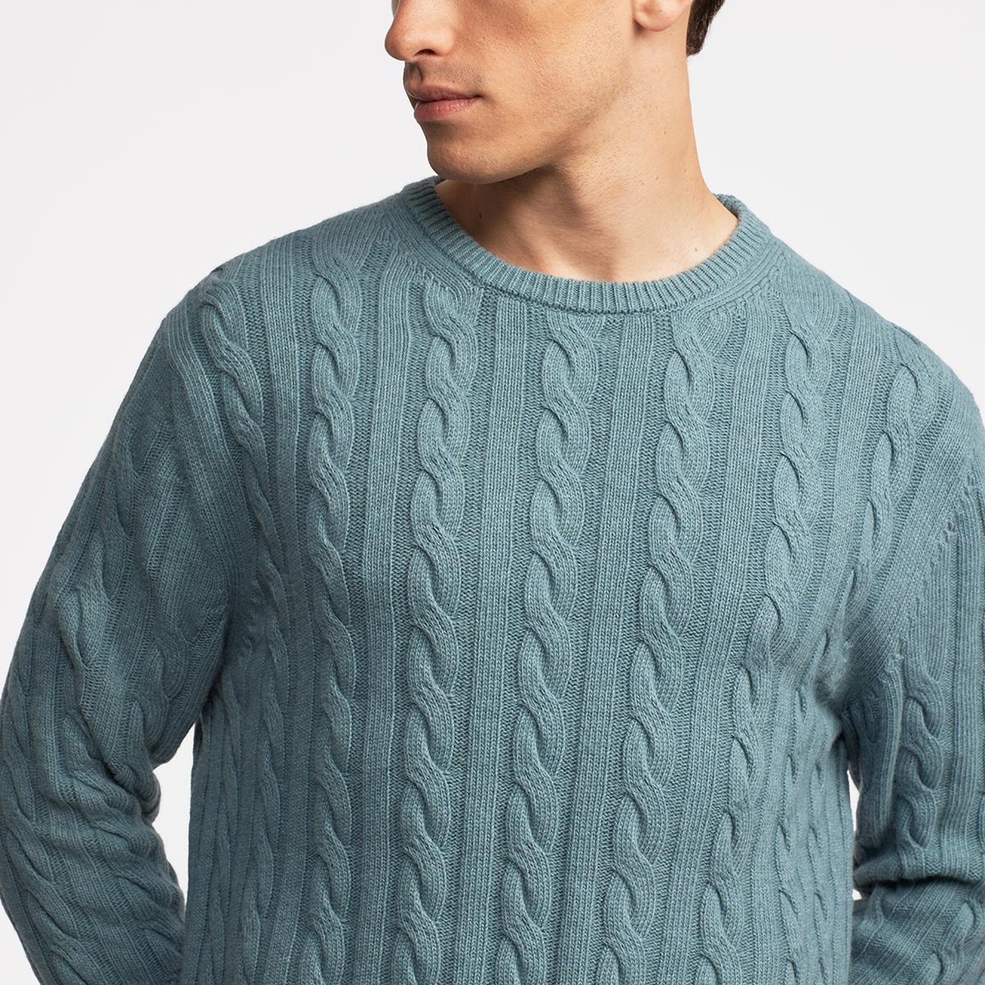 Erkek Turkuaz Yün Kaşmir Karışımlı Saç Örgülü Kazak