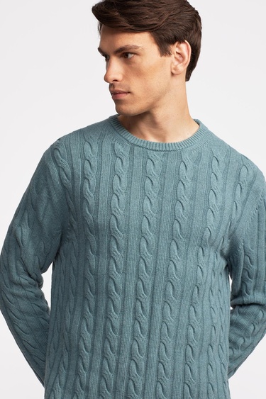  Erkek Turkuaz Yün Kaşmir Karışımlı Saç Örgülü Kazak