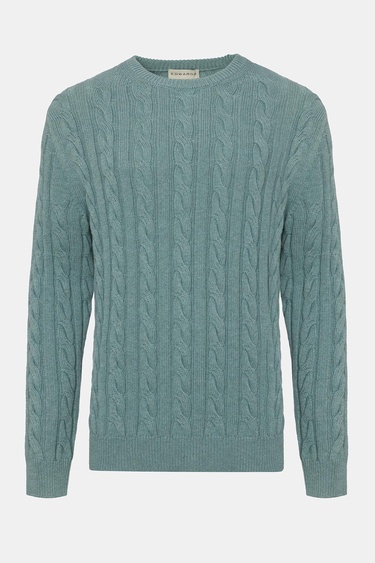  Erkek Turkuaz Yün Kaşmir Karışımlı Saç Örgülü Kazak