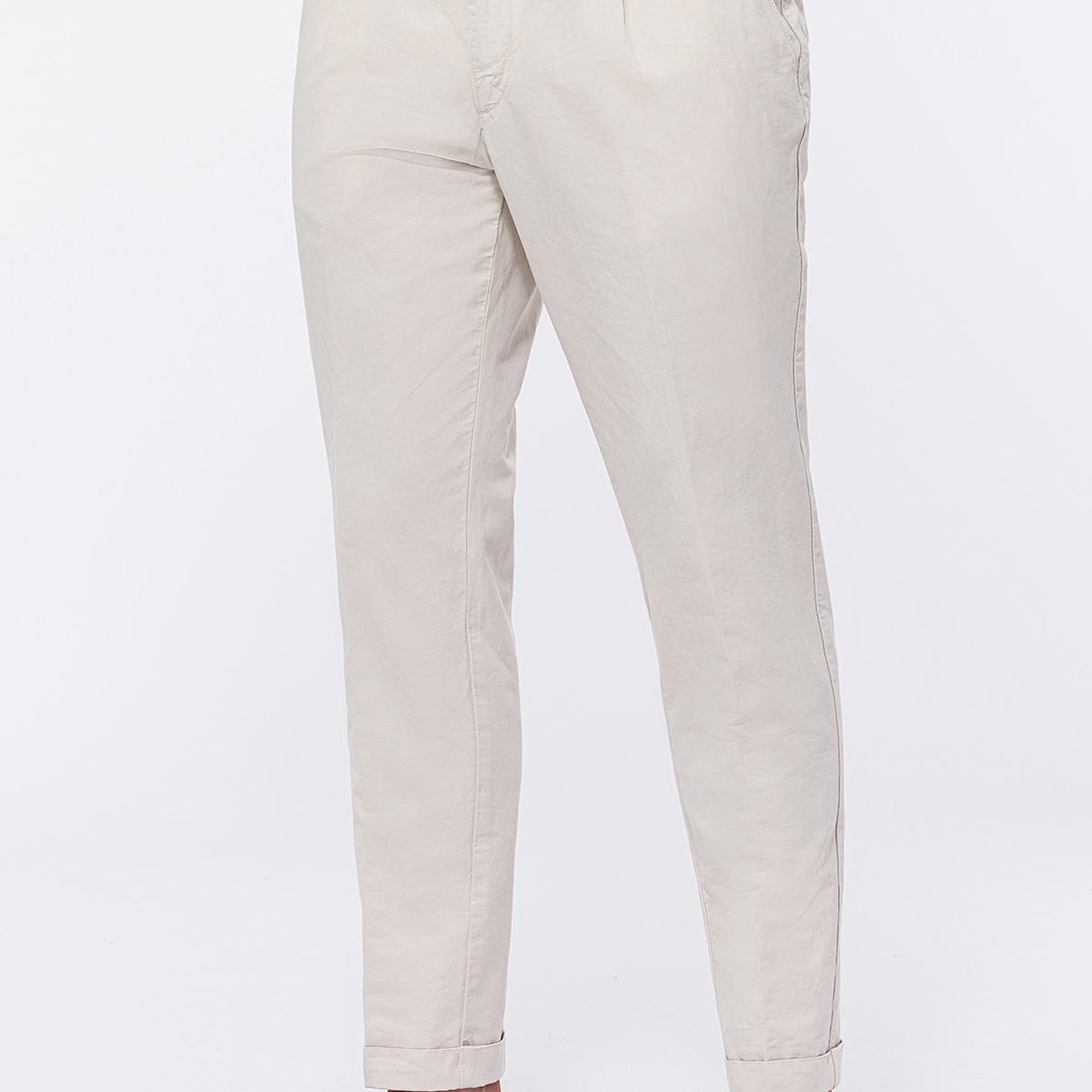 Erkek Bej Beli Lastikli Bağcıklı Keten Pantolon