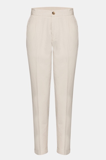  Erkek Bej Beli Lastikli Bağcıklı Keten Pantolon