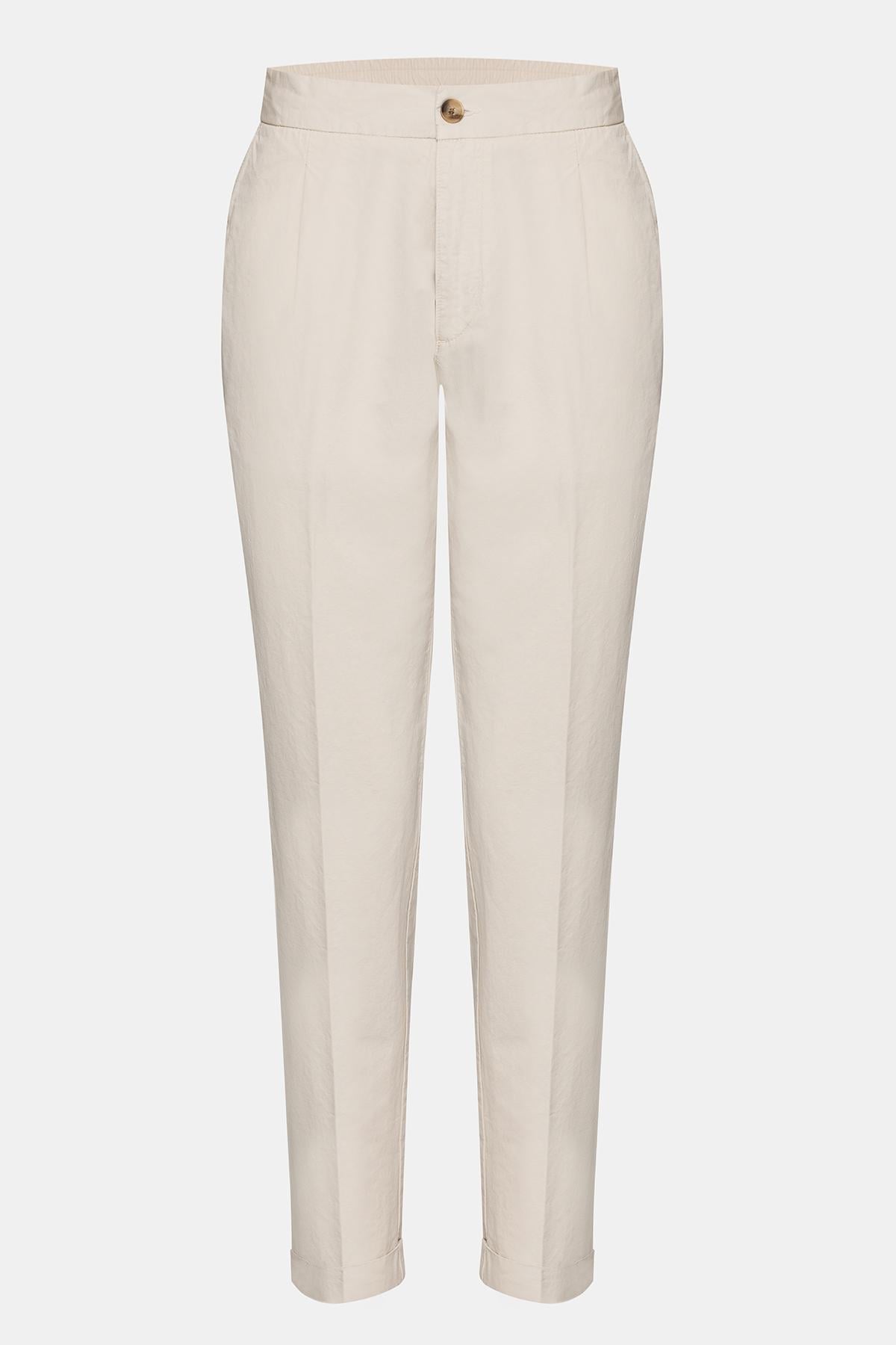  Erkek Bej Beli Lastikli Bağcıklı Keten Pantolon