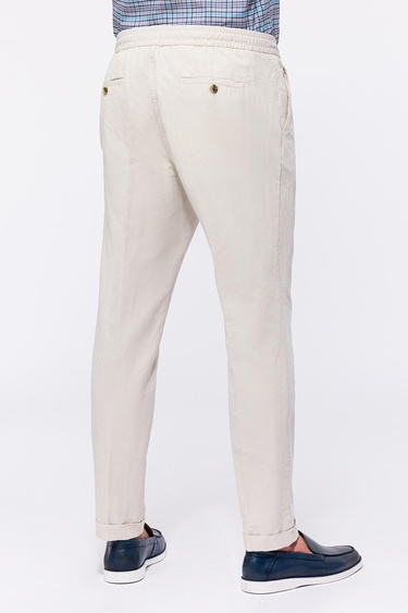  Erkek Bej Beli Lastikli Bağcıklı Keten Pantolon