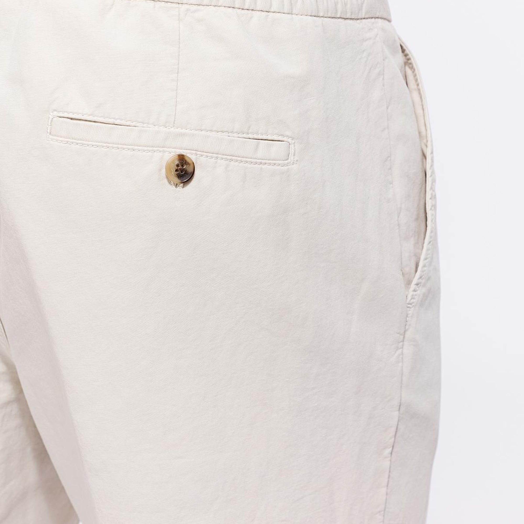 Erkek Bej Beli Lastikli Bağcıklı Keten Pantolon