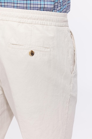  Erkek Bej Beli Lastikli Bağcıklı Keten Pantolon