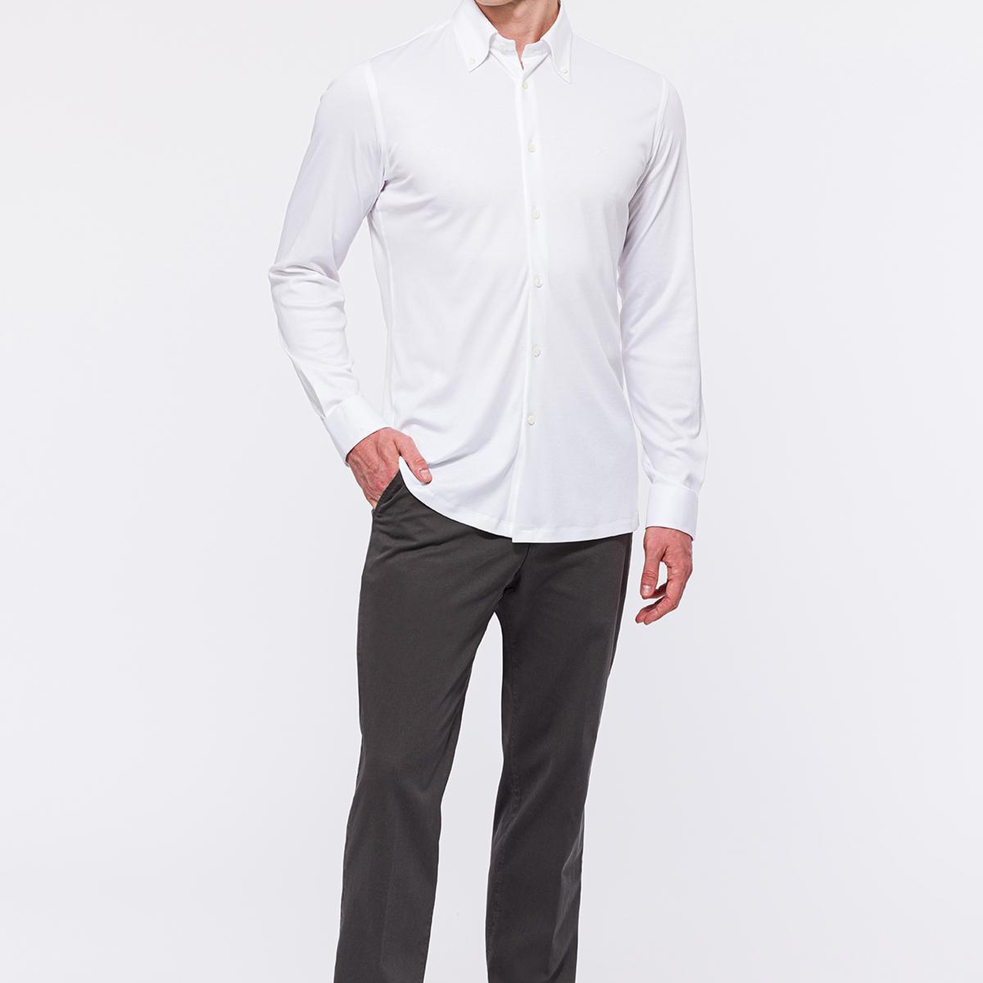 Erkek Beyaz Cooper Fit Düğmeli Yaka İnterlock Gömlek