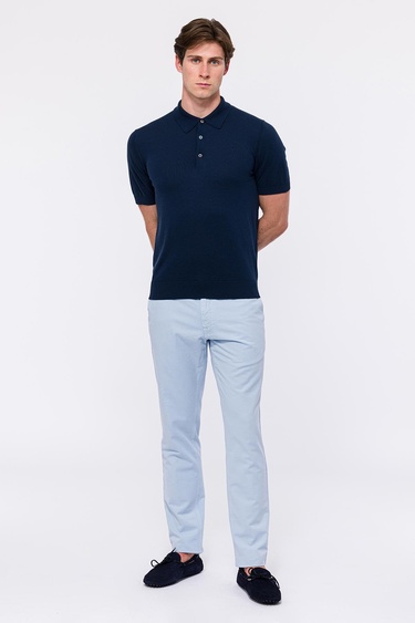  Erkek Lacivert İpek Kısa Kollu Polo Yaka Kazak