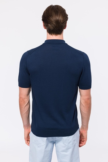  Erkek Lacivert İpek Kısa Kollu Polo Yaka Kazak