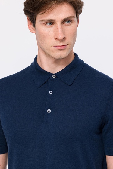  Erkek Lacivert İpek Kısa Kollu Polo Yaka Kazak