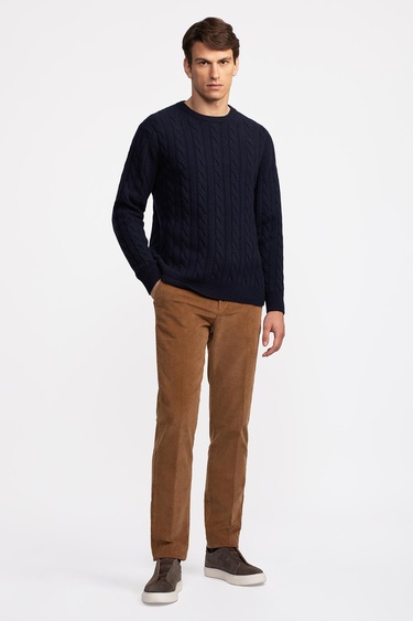  Erkek Lacivert Yün Kaşmir Karışımlı Saç Örgülü Kazak