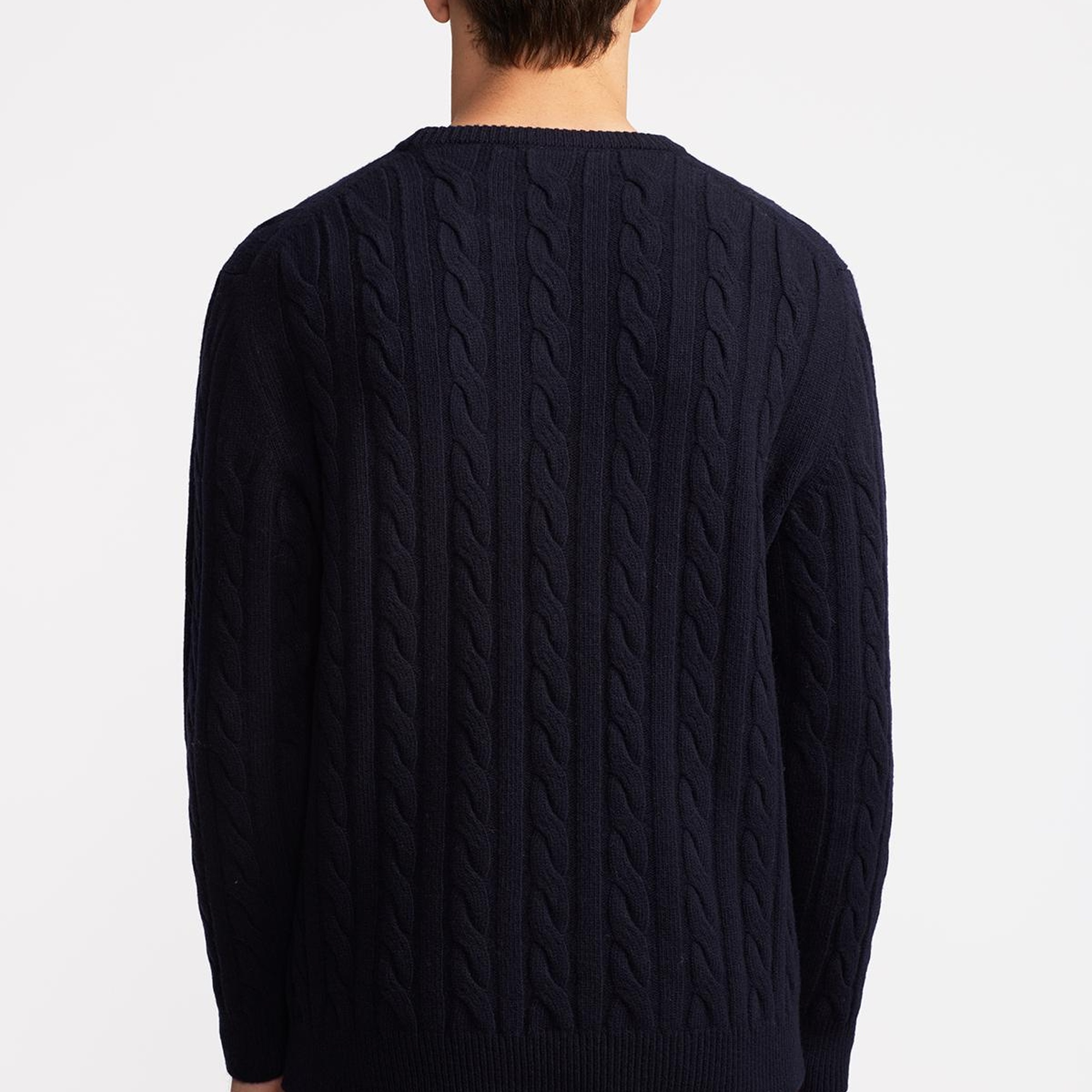 Erkek Lacivert Yün Kaşmir Karışımlı Saç Örgülü Kazak