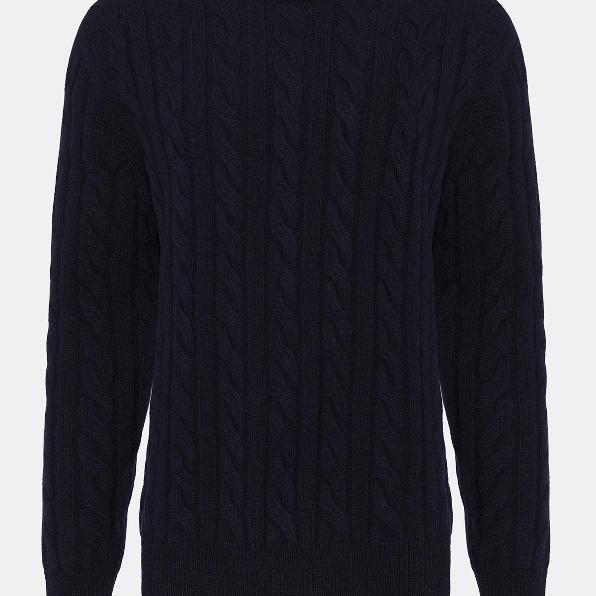 Erkek Lacivert Yün Kaşmir Karışımlı Saç Örgülü Kazak