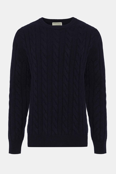  Erkek Lacivert Yün Kaşmir Karışımlı Saç Örgülü Kazak