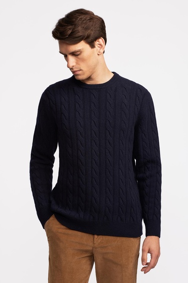  Erkek Lacivert Yün Kaşmir Karışımlı Saç Örgülü Kazak