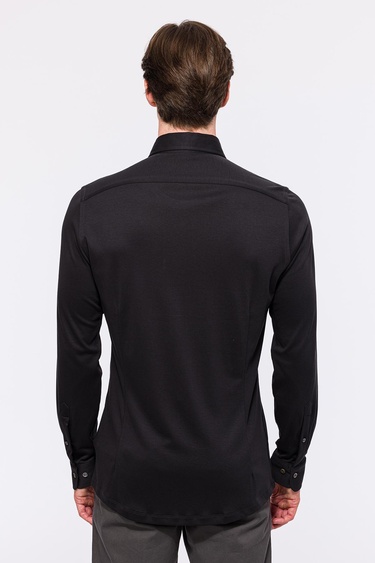 Erkek Siyah Cooper Fit Düğmeli Yaka İnterlock Gömlek