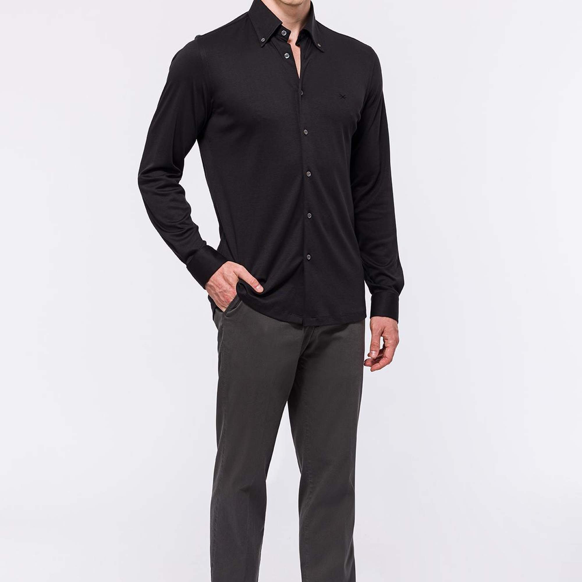 Erkek Siyah Cooper Fit Düğmeli Yaka İnterlock Gömlek