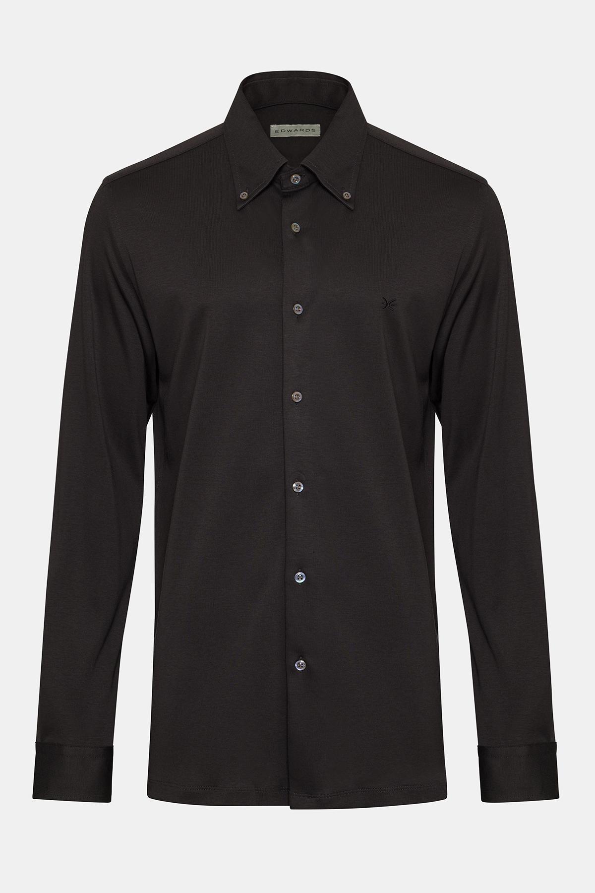  Erkek Siyah Cooper Fit Düğmeli Yaka İnterlock Gömlek