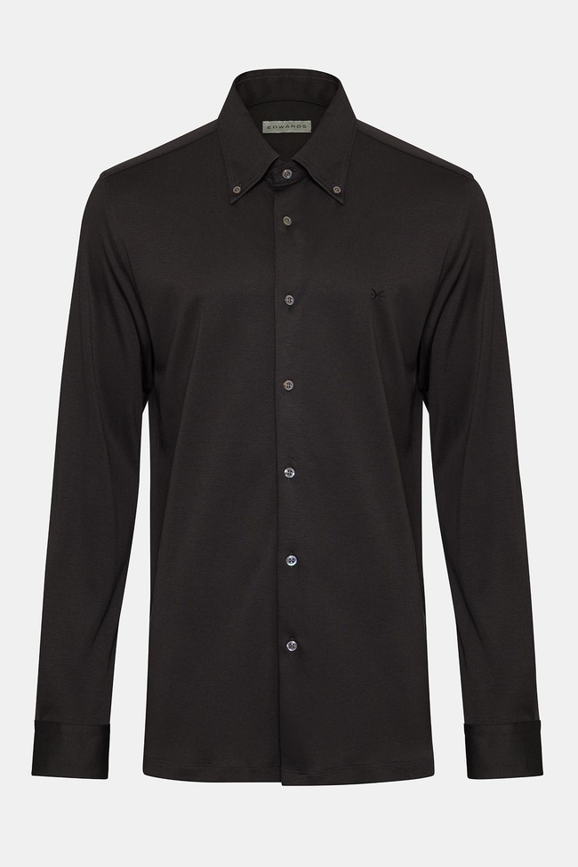  Erkek Siyah Cooper Fit Düğmeli Yaka İnterlock Gömlek