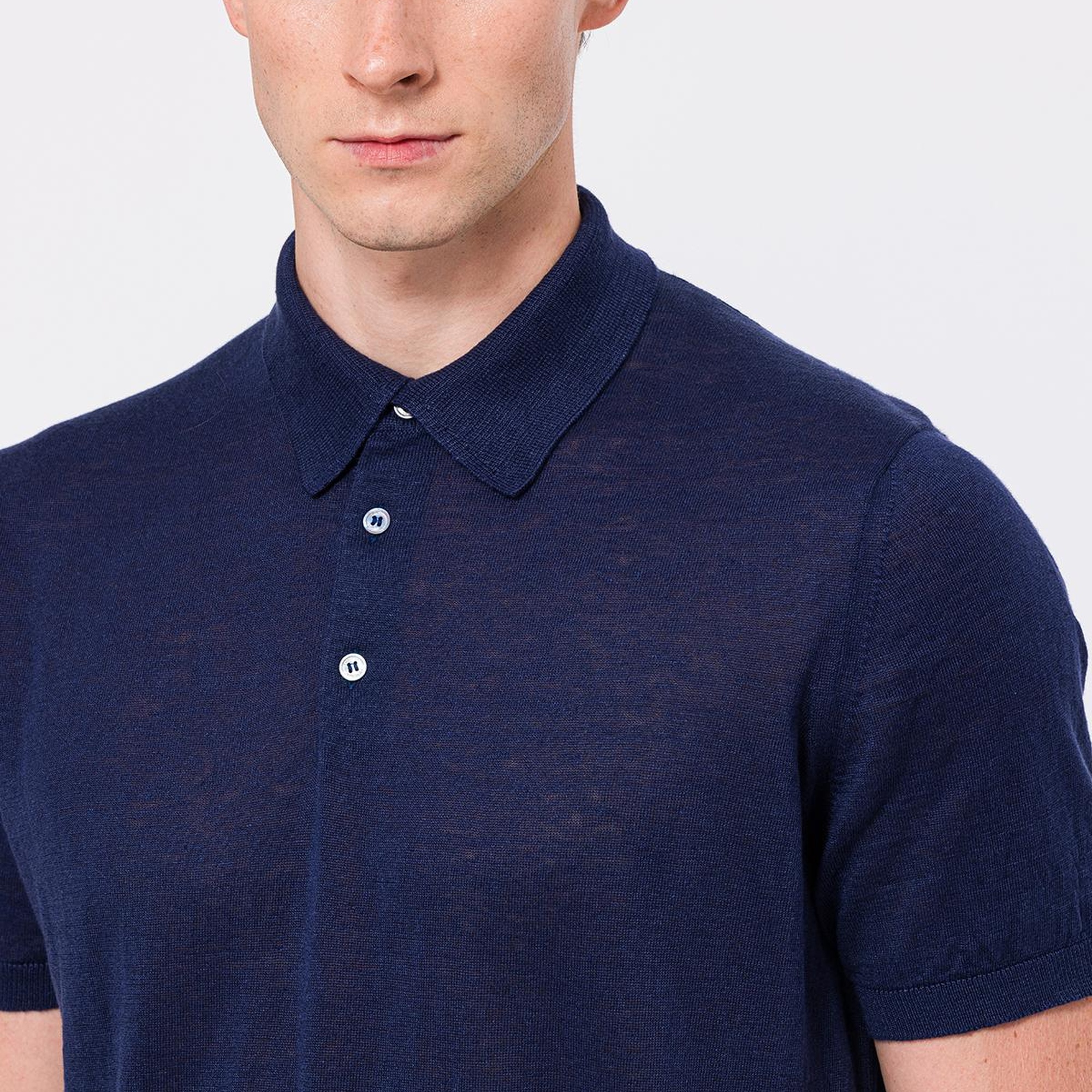 Erkek Lacivert Keten Kısa Kollu Polo Yaka Kazak