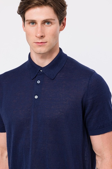  Erkek Lacivert Keten Kısa Kollu Polo Yaka Kazak