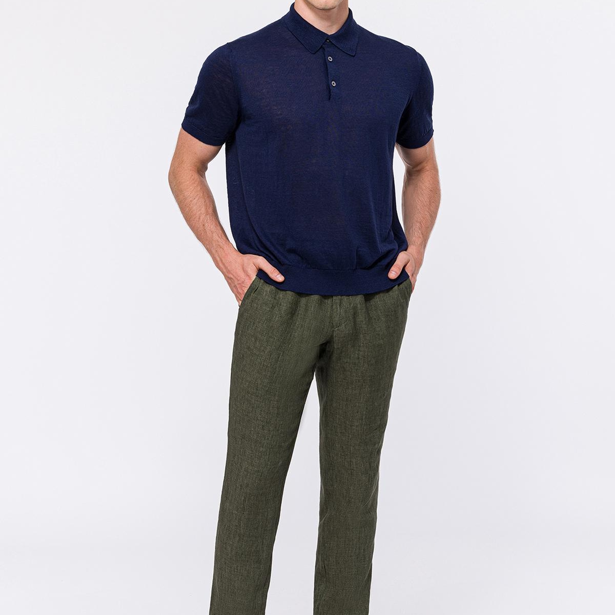 Erkek Lacivert Keten Kısa Kollu Polo Yaka Kazak