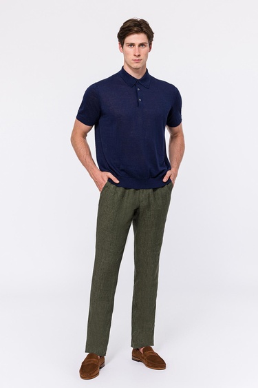 Erkek Lacivert Keten Kısa Kollu Polo Yaka Kazak