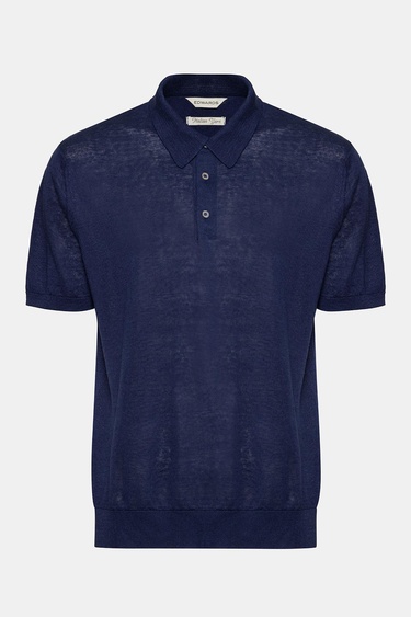  Erkek Lacivert Keten Kısa Kollu Polo Yaka Kazak